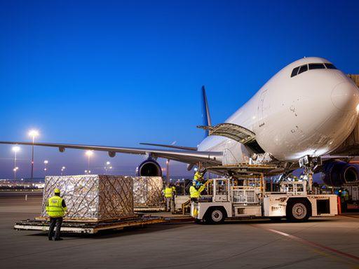 Ground crew loading palletised cargo onto a wide-body freighter at dusk