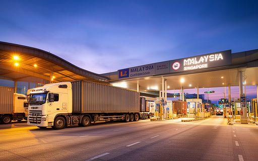 Truck approaching the Malaysian customs checkpoint at the Singapore border