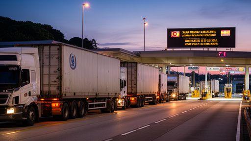 Cargo trucks waiting in line at the cross-border checkpoint between Johor and Singapore