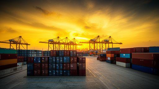 Yard view of stacked containers at Port Klang with quay cranes in the background at sunset