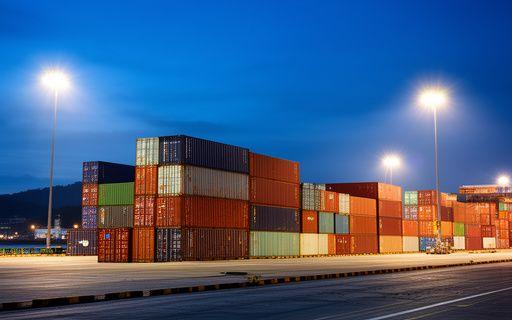 Stacked containers under floodlights at Port Klang at dusk