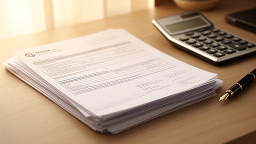 Stacked trade documents with a fountain pen and calculator on a tidy desk