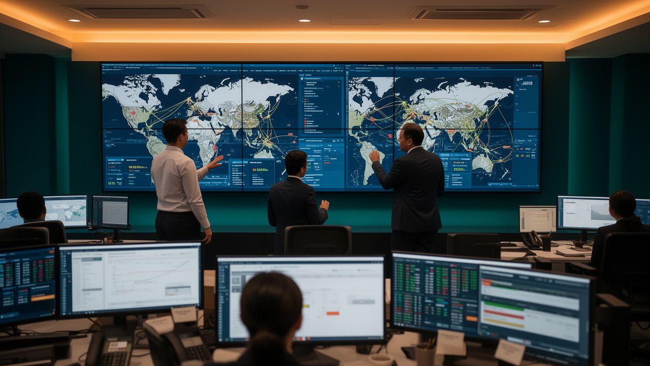 Optiqra logistics control room with route monitors and operations staff in Kuala Lumpur