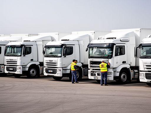 Fleet of Optiqra trucks parked in formation at the depot, with drivers performing pre-trip checks