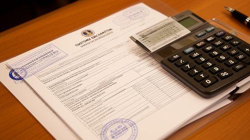 Customs documentation being reviewed on a desktop screen with stamped clearance papers