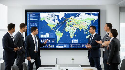 Logistics operations team reviewing shipment routes on a wall-mounted screen