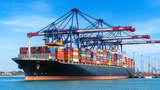 Container vessel being unloaded by quay cranes at Port Klang