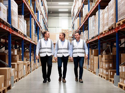 Optiqra operations team walking through a high-bay warehouse with safety vests and tablets