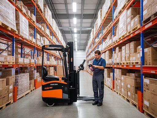 High-bay warehouse aisle with selective racking, forklift and warehouse operative scanning inventory